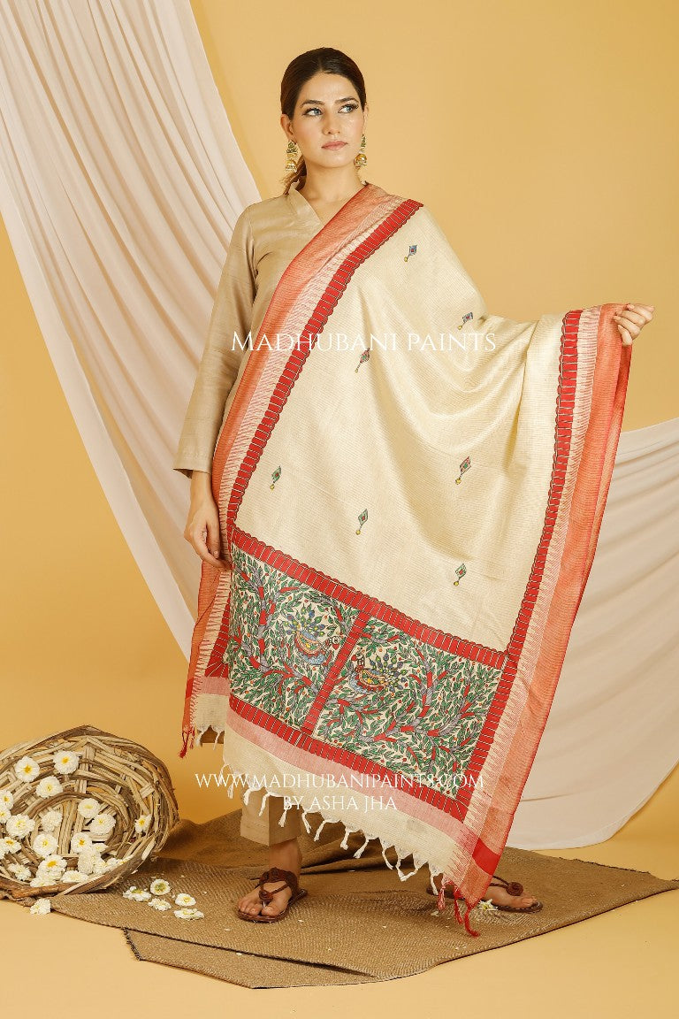 Mayuri Madhubani Handpainted Pure Handloom Cotton Dupatta
