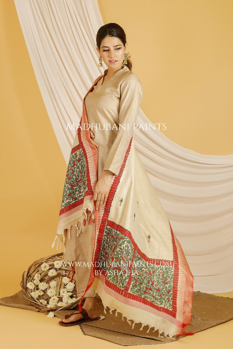 Mayuri Madhubani Handpainted Pure Handloom Cotton Dupatta