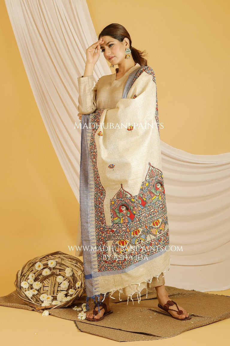 Doli Fish Madhubani Handpainted Pure Handloom Cotton Dupatta