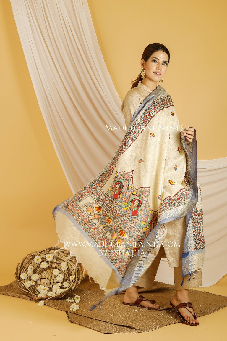 Doli Fish Madhubani Handpainted Pure Handloom Cotton Dupatta