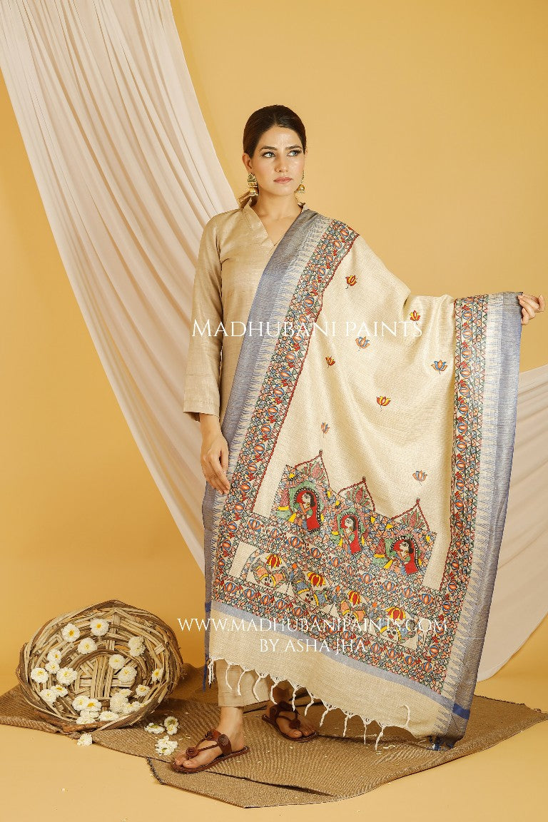 Doli Fish Madhubani Handpainted Pure Handloom Cotton Dupatta