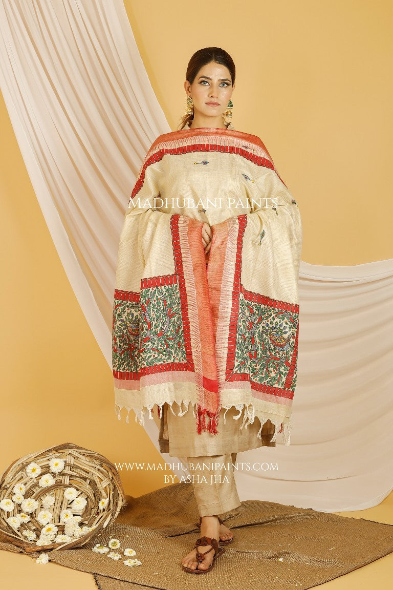 Mayuri Madhubani Handpainted Pure Handloom Cotton Dupatta