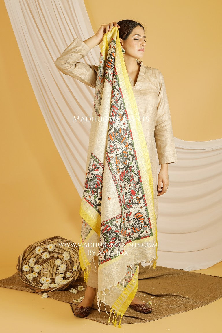 Matsya Madhubani Handpainted Pure Handloom Cotton Dupatta