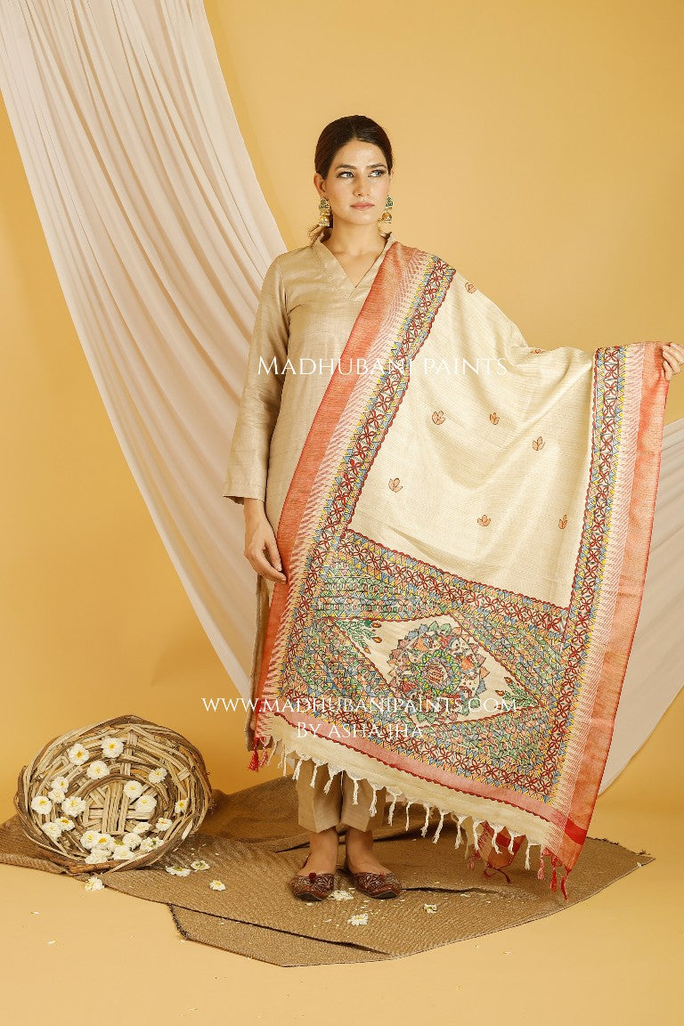 Mithila Border Madhubani Handpainted Pure Handloom Cotton Dupatta