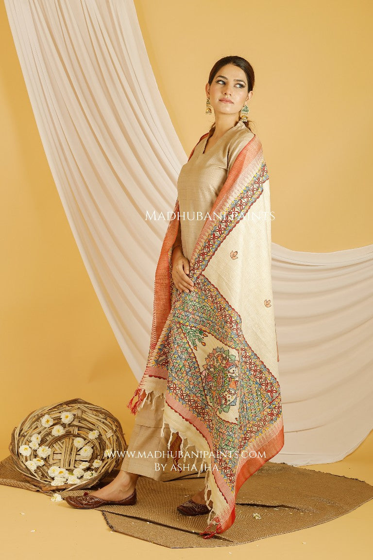 Mithila Border Madhubani Handpainted Pure Handloom Cotton Dupatta