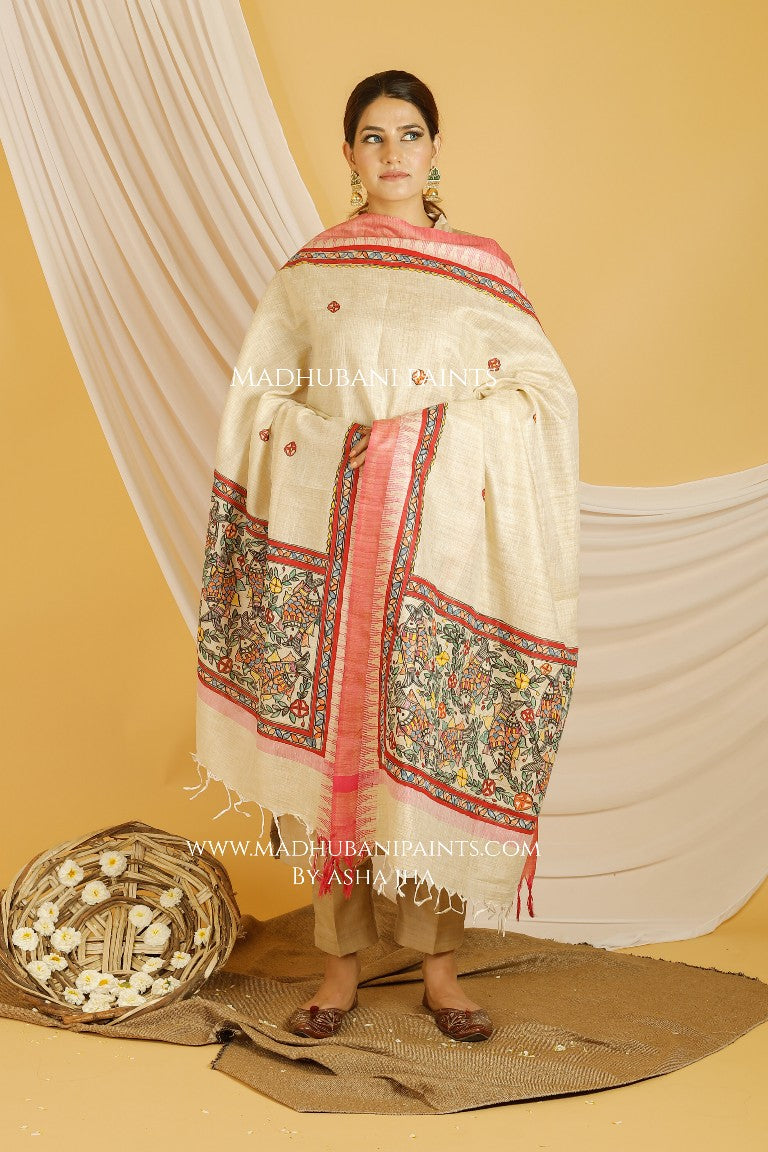 Surmai Pond Madhubani Handpainted Pure Handloom Cotton Dupatta