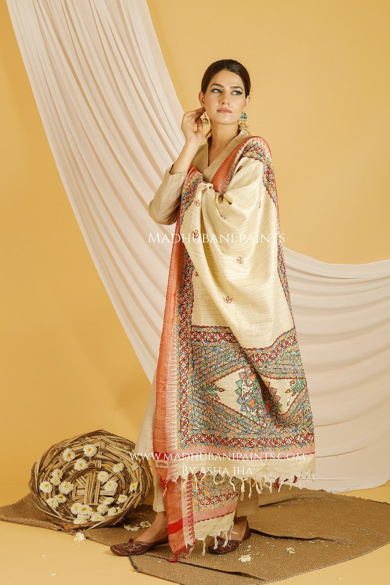 Mithila Border Madhubani Handpainted Pure Handloom Cotton Dupatta