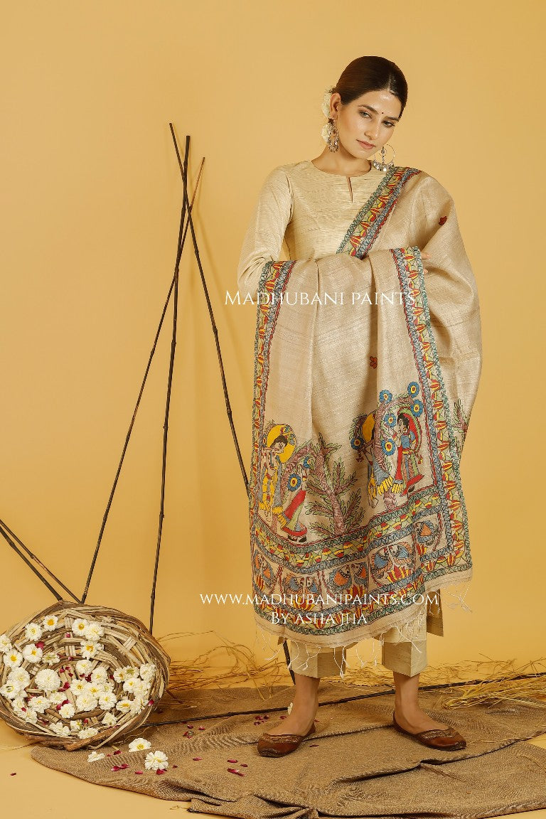 Radha Krishna Love Madhubani Handpainted Pure Handwoven Tussar Silk Dupatta