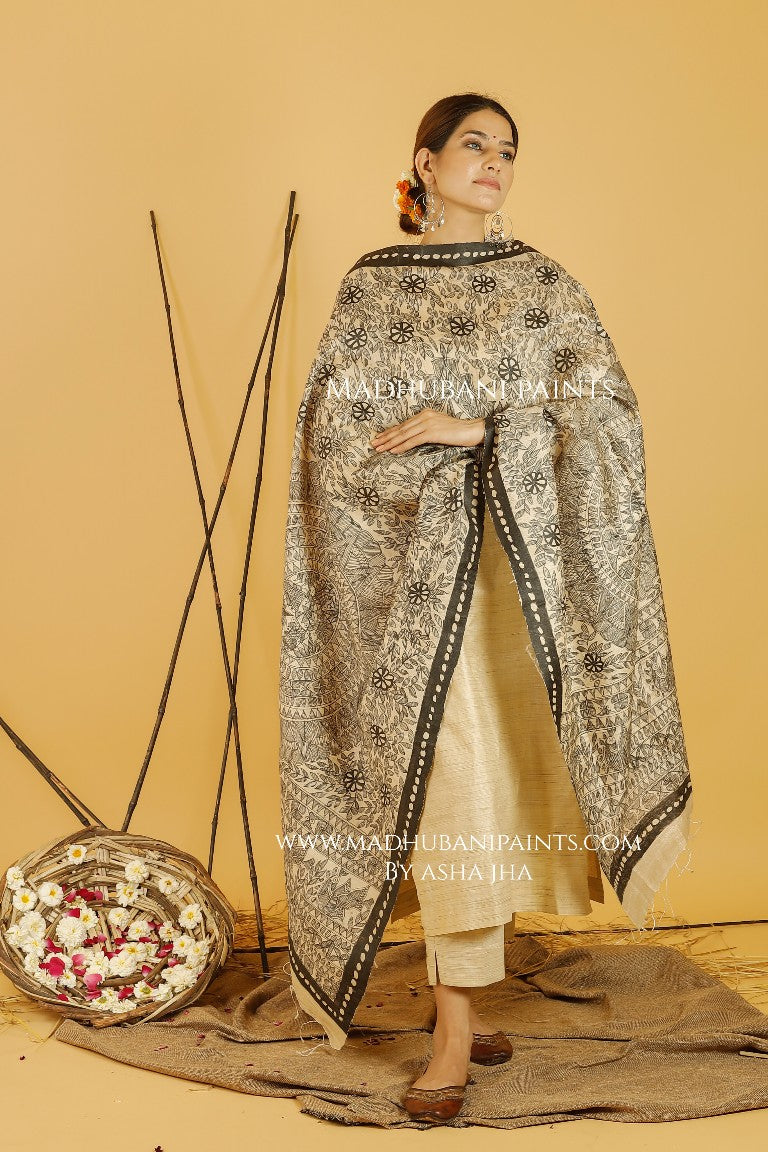 Mithila Prakriti Full Handpainted Madhubani Duppatta