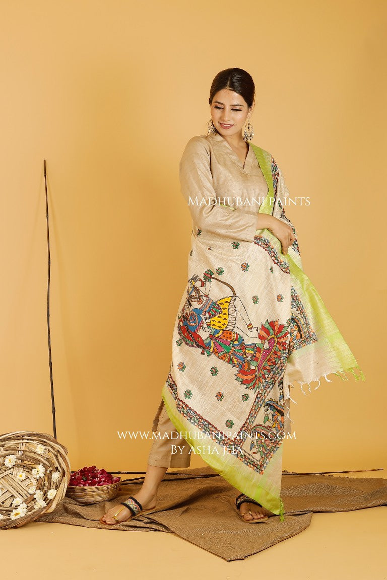 Shiva-Parvati Madhubani Handpainted Pure Handloom Cotton Dupatta