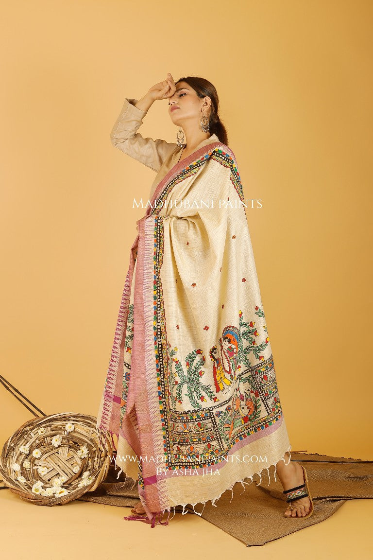 Sita Swaymbar Kathaa Madhubani Handpainted Pure Handloom Cotton Dupatta