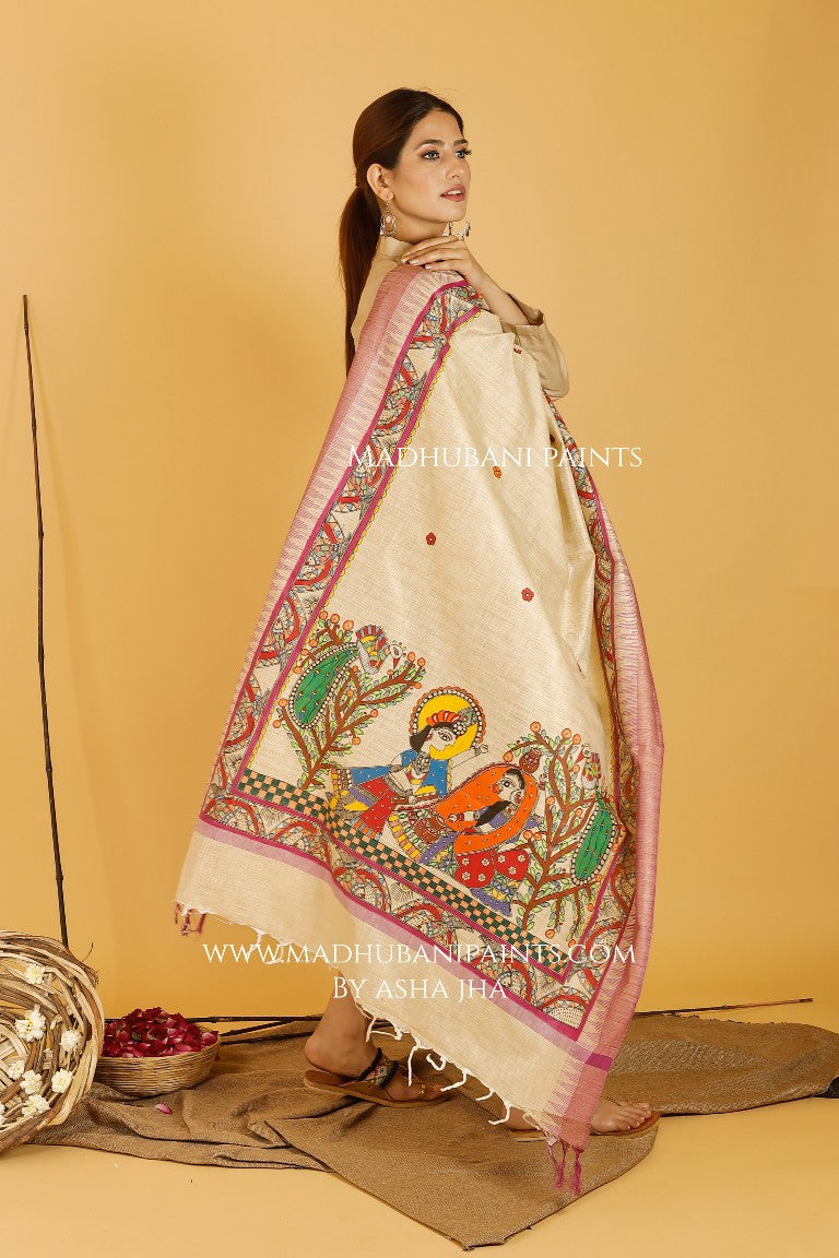 Krishna Radha Leela Madhubani Handpainted Pure Handloom Cotton Dupatta