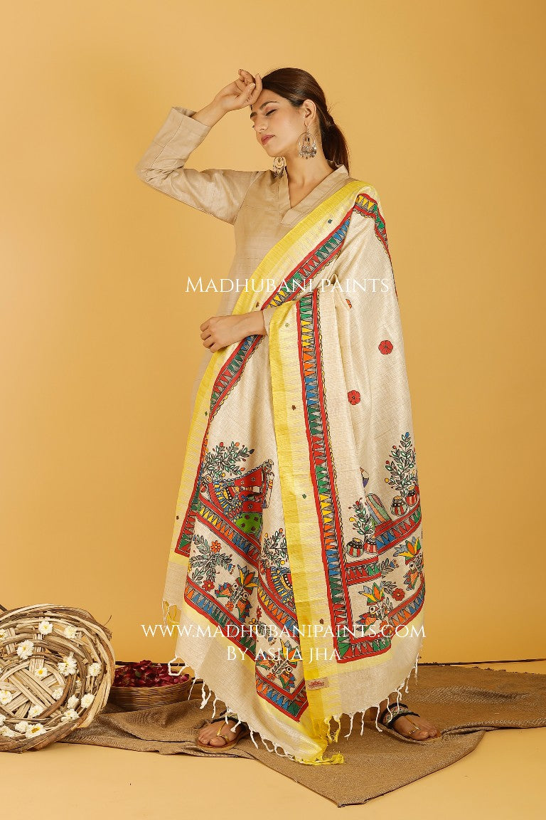 Gopi Madhubani Handpainted Pure Handloom Cotton Dupatta