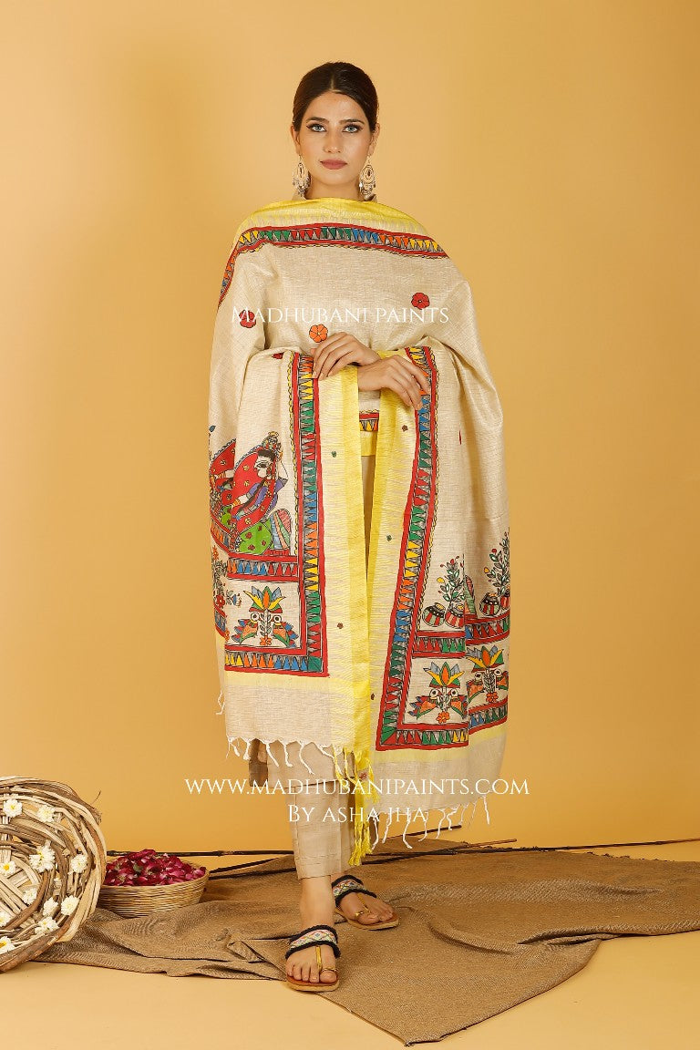 Gopi Madhubani Handpainted Pure Handloom Cotton Dupatta