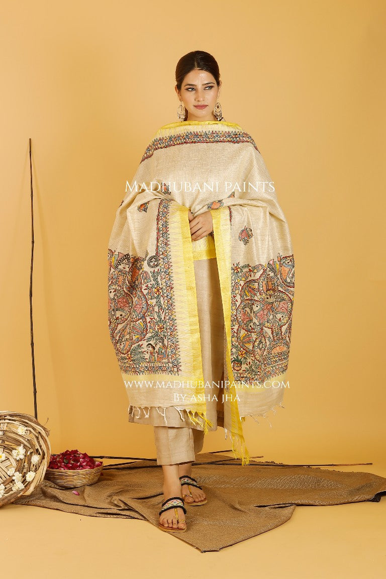 Mithila Kohbar Madhubani Handpainted Pure Handloom Cotton Dupatta