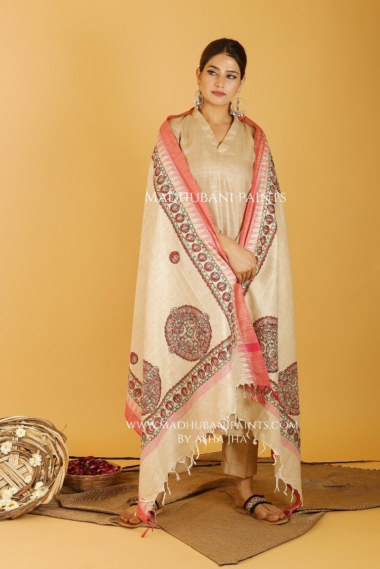 Fish Lotus Mandara Madhubani Handpainted Pure Handloom Cotton Dupatta