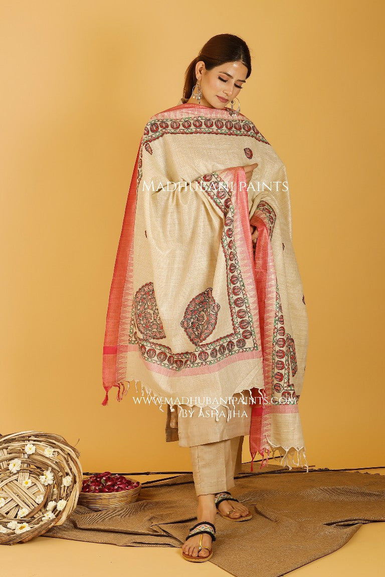 Fish Lotus Mandara Madhubani Handpainted Pure Handloom Cotton Dupatta