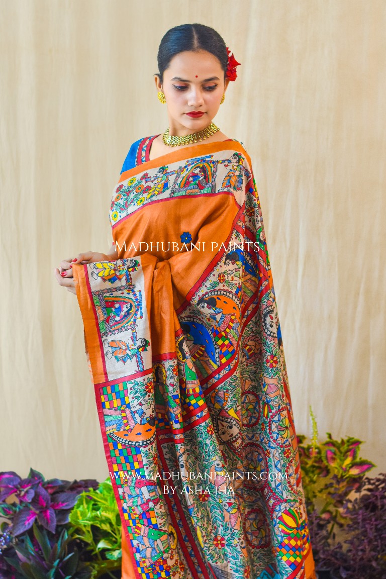 Swayamvar Kohbar Kathaa Madhubani Paints Hand Painted Saree Blouse Set