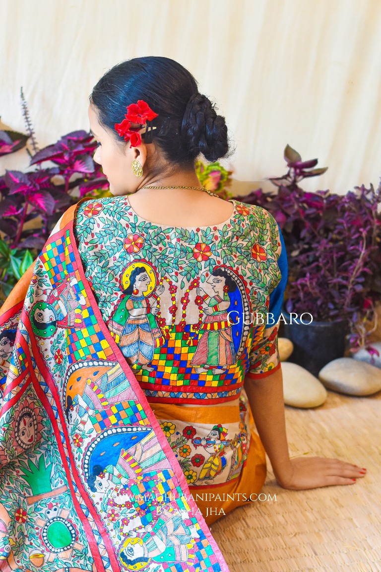 Swayamvar Kohbar Kathaa Madhubani Paints Hand Painted Saree Blouse Set
