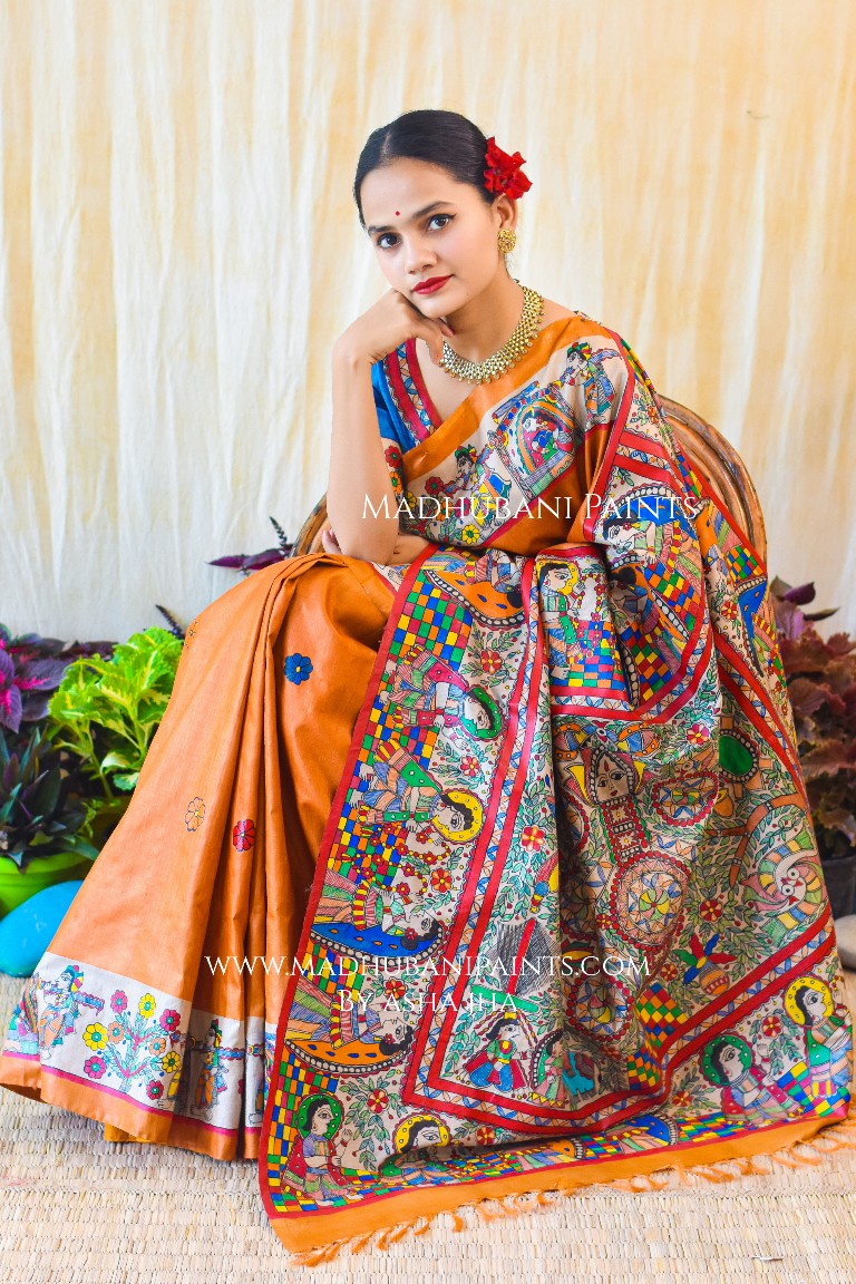Swayamvar Kohbar Kathaa Madhubani Paints Hand Painted Saree Blouse Set