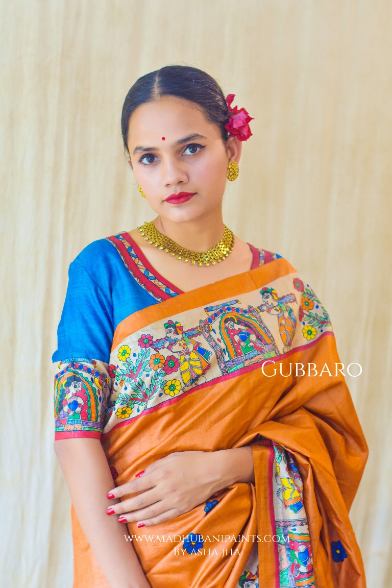 Swayamvar Kohbar Kathaa Madhubani Paints Hand Painted Saree Blouse Set