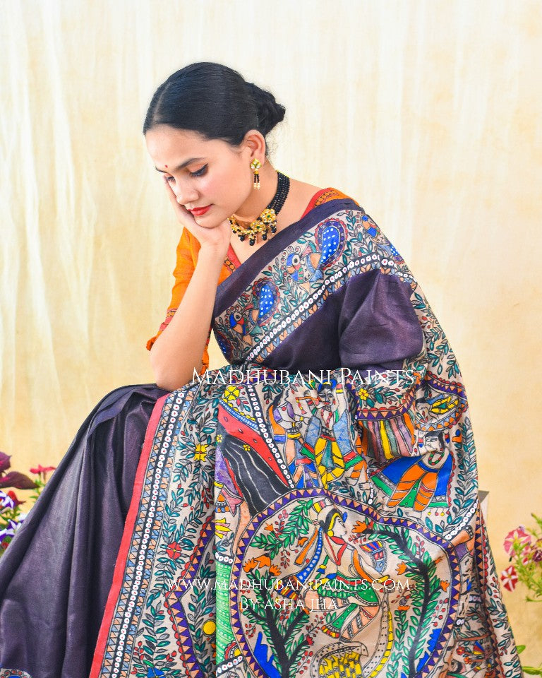 KRISHNA RAAS' Handpainted Madhubani Tussar Silk Saree