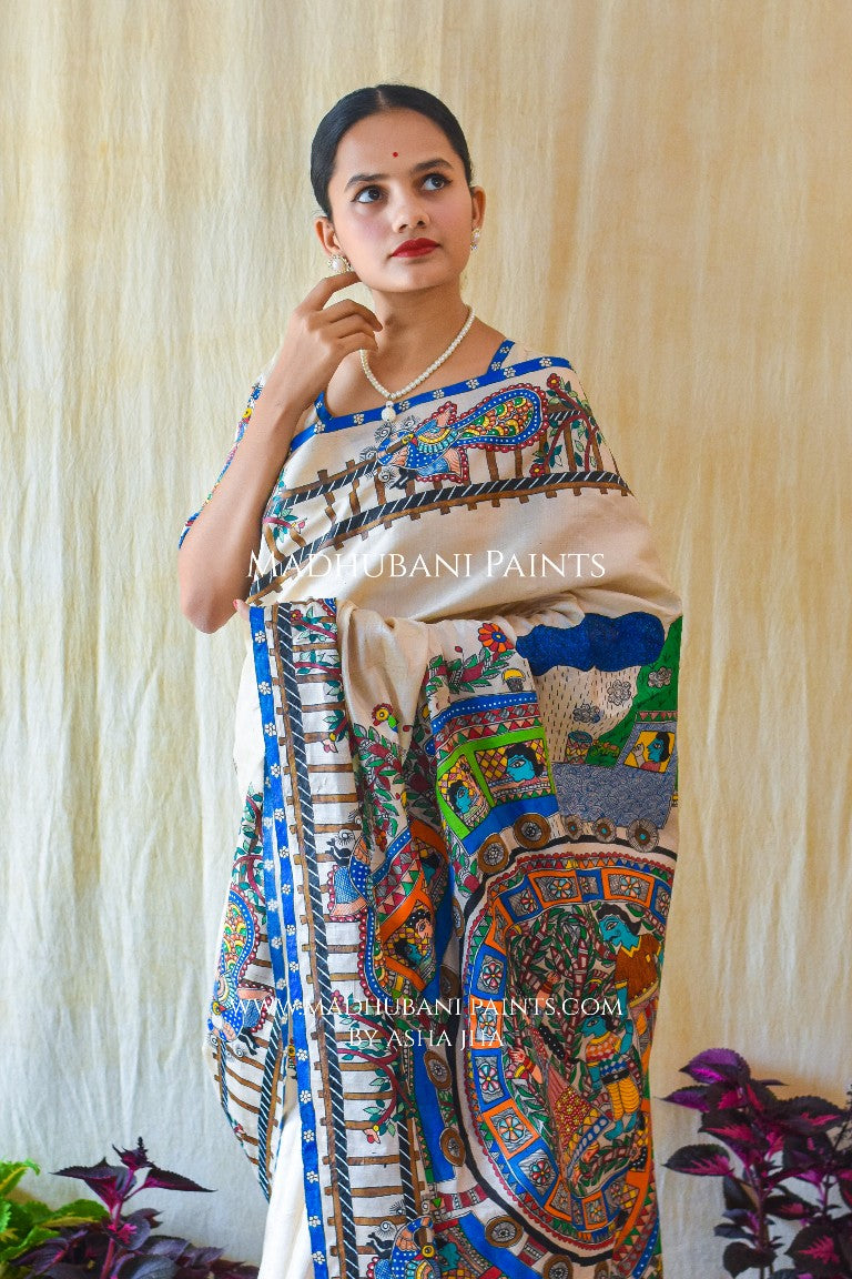 RAILGADI Handpainted Madhubani Painting Tussar Silk Saree