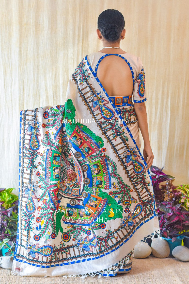 RAILGADI Handpainted Madhubani Painting Tussar Silk Saree