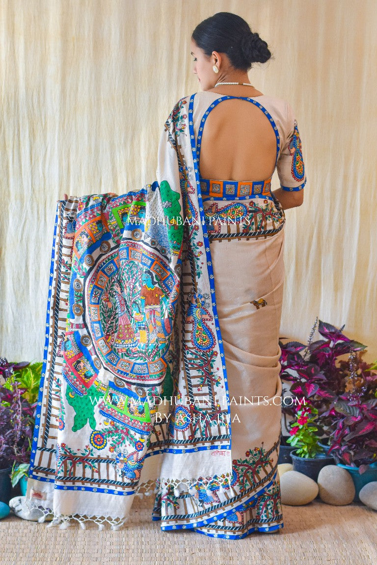 RAILGADI Handpainted Madhubani Painting Tussar Silk Saree