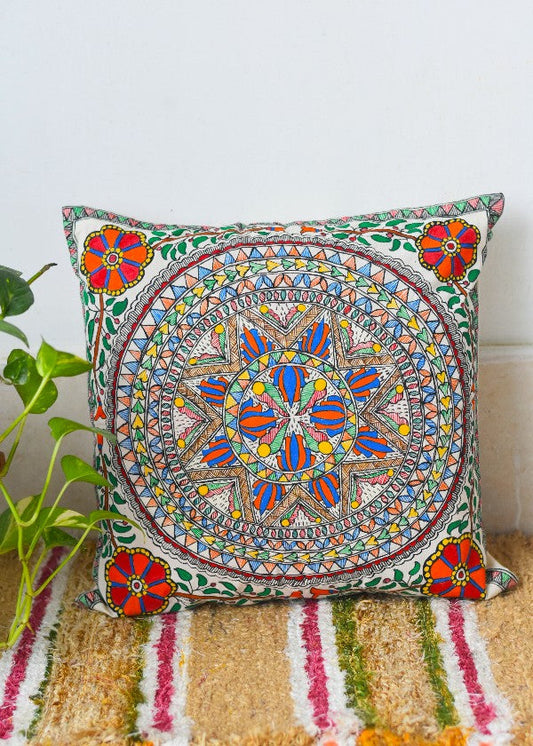 Madhubani Painting Saankh Lotus Design Cushion