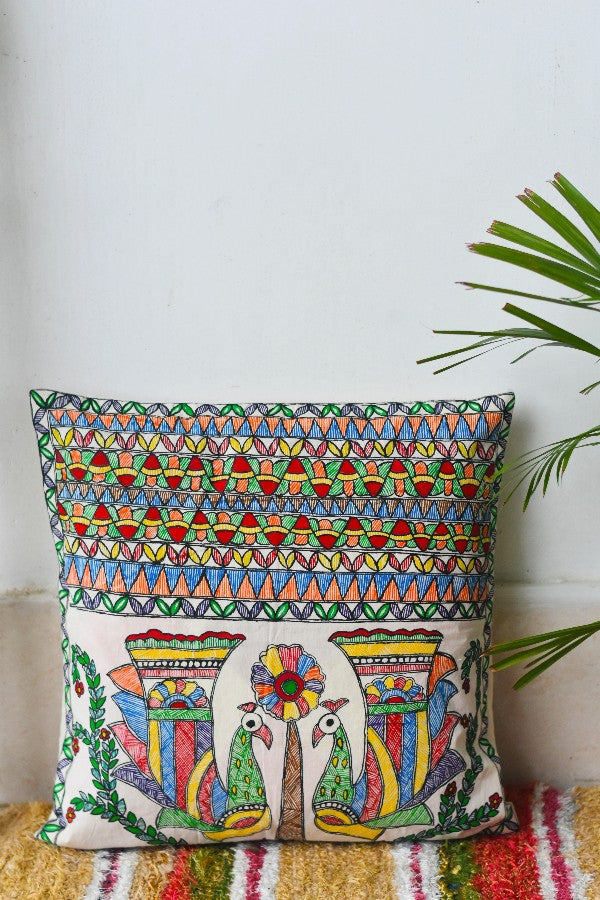 Handpainted Madhubani Peacock Art Cushion Covers Pack Of 2