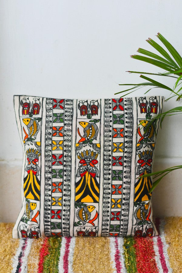 Madhubani Painting Elegant Peacock Design Cushion
