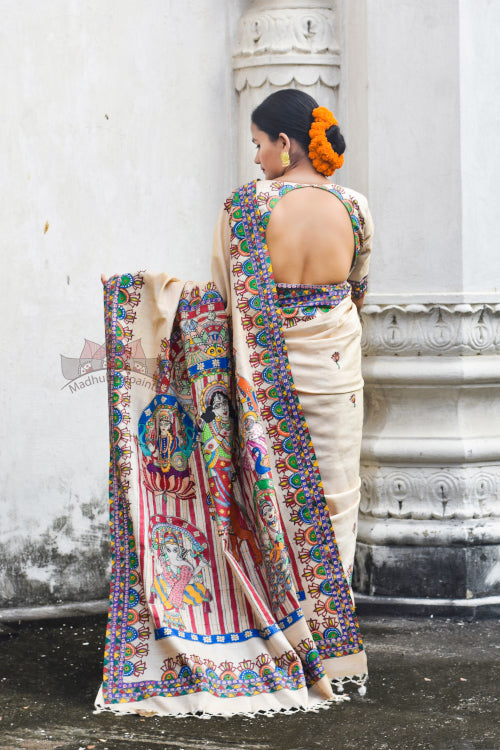 'KATYAYANI' Handpainted Madhubani Tussar Silk Saree Blouse Set