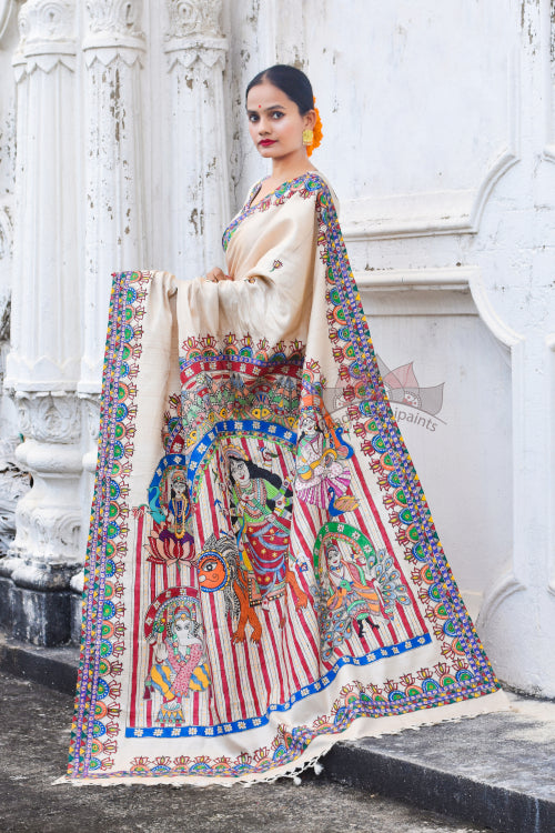 'KATYAYANI' Handpainted Madhubani Tussar Silk Saree Blouse Set