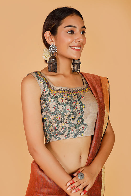 'Sita's Mithila Baag' Handpainted Madhubani Tussar Silk Blouse