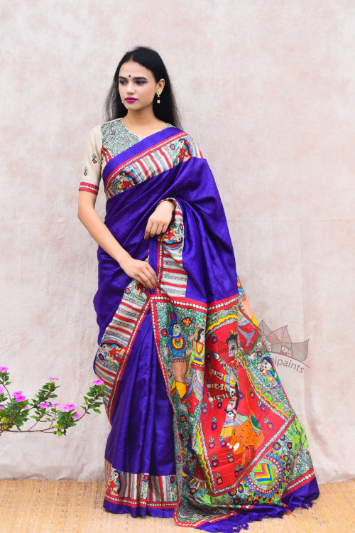 'DEVI' Handpainted Madhubani Tussar Silk Saree Blouse Set