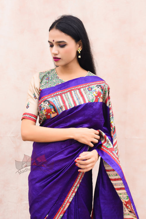 'DEVI' Handpainted Madhubani Tussar Silk Saree Blouse Set