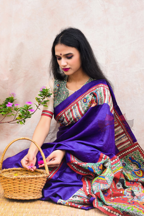 'DEVI' Handpainted Madhubani Tussar Silk Saree Blouse Set