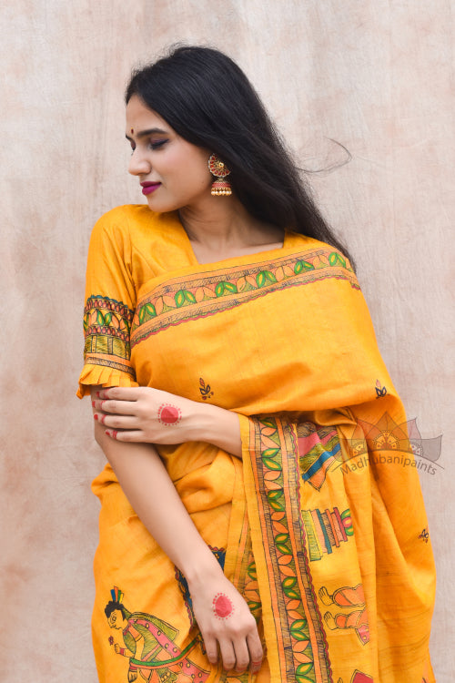 'VIVAH' Handpainted Madhubani Tussar Silk Saree Blouse