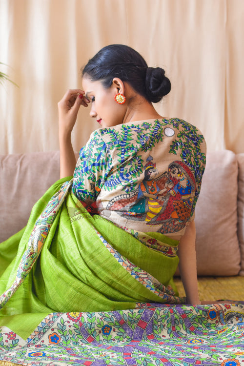 'MANMOHANA RADHA KRISHNA' Handpainted Madhubani Tussar Silk Blouse