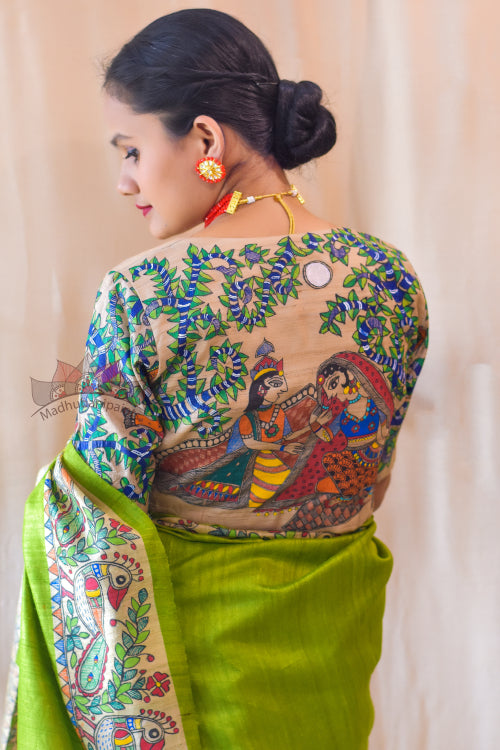 'MANMOHANA RADHA KRISHNA' Handpainted Madhubani Tussar Silk Saree Blouse Set