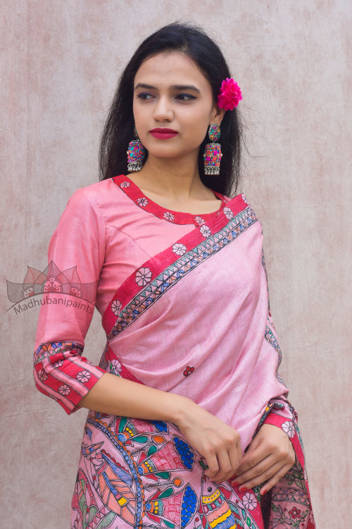 'GULABI DOLI' Handpainted Madhubani Tussar Silk Blouse