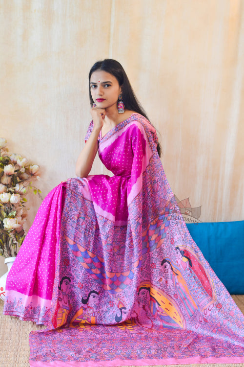 'SITA SWAYAMBAR' Handpainted Madhubani Bandhini Pure Silk Saree