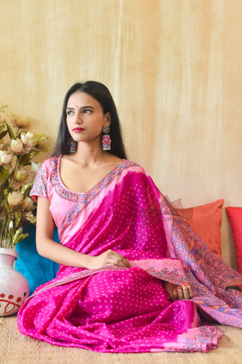 'SITA SWAYAMBAR' Handpainted Madhubani Bandhini Pure Silk Saree
