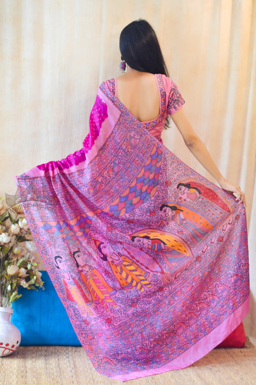 'SITA SWAYAMBAR' Handpainted Madhubani Bandhini Pure Silk Saree