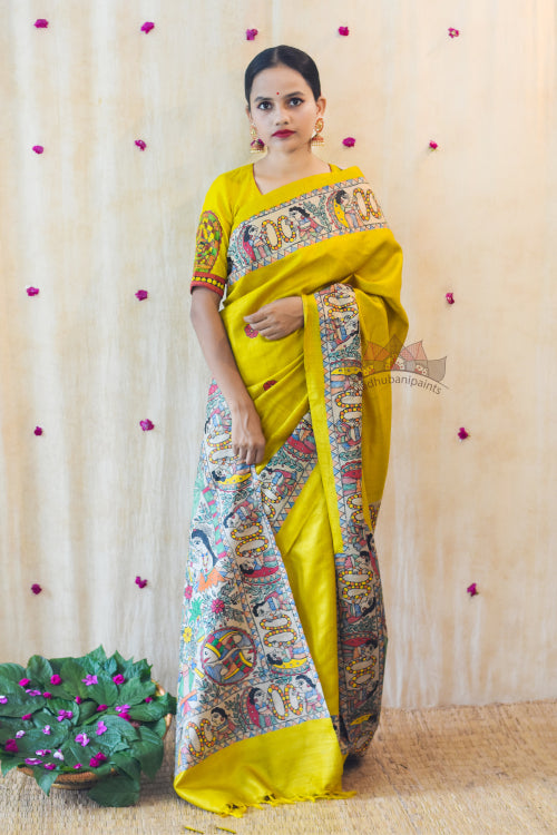 'MITHILA KOHBAR' Yellow Tussar Silk Saree