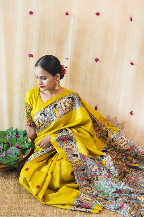 'MITHILA KOHBAR' Yellow Tussar Silk Saree
