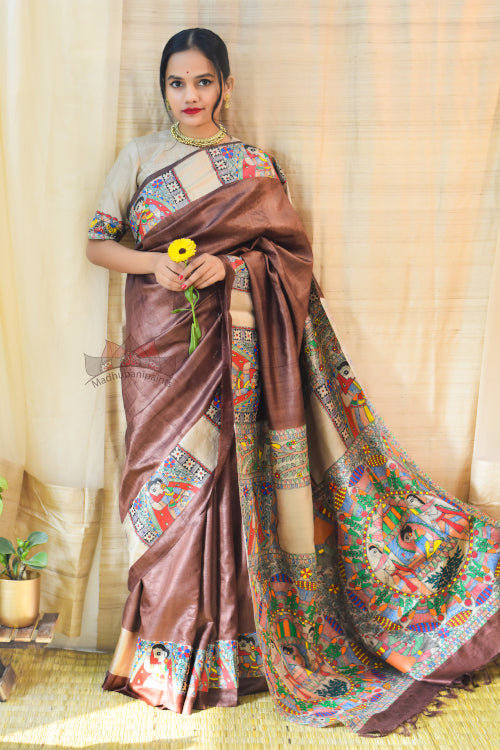 'MITHILA KOHBAR' Handpainted Madhubani Brown Tussar Silk Saree