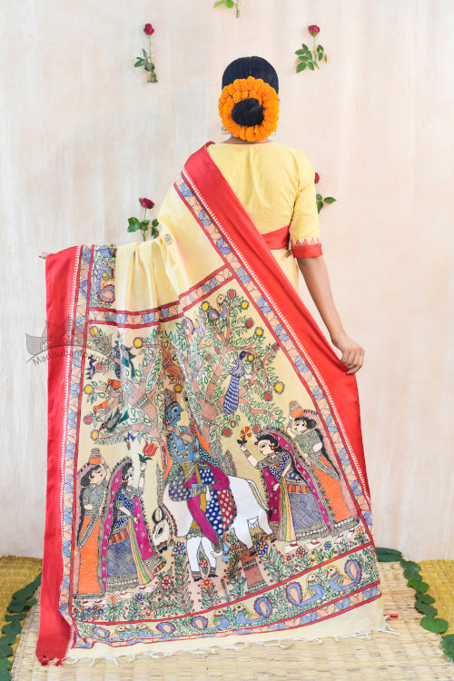 'RADHA KRISHNA LEELA' Handpainted Madhubani Cotton Saree
