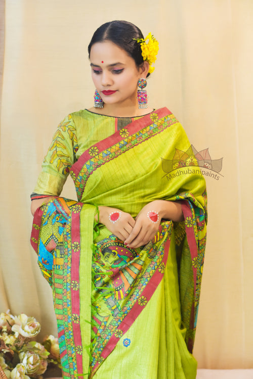 'VISHNU LEELA' Handpainted Madhubani Tussar Silk Saree